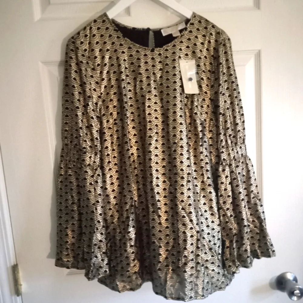 Michael Kors Scallop Design Black & Gold Metallic Bell SLEEVES Boho Tunic-Size M